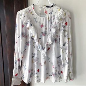 NWT Zara Woman White Ruffles & Pattern Top, L